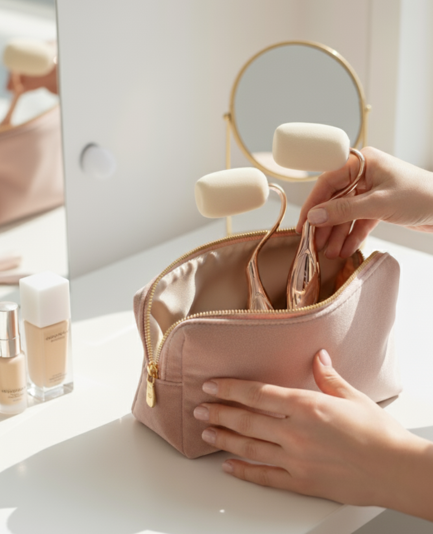 Person organizing a pink makeup bag with a mirror and skincare products in the background