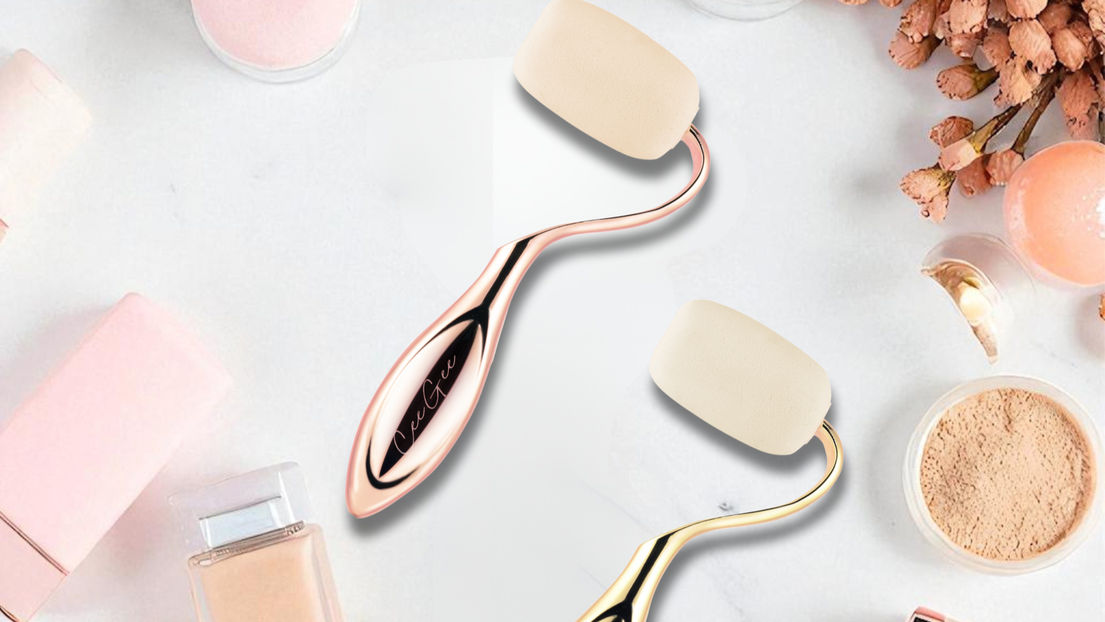 Beauty tools including a rolli sponge and applicator on a light surface with cosmetic products.