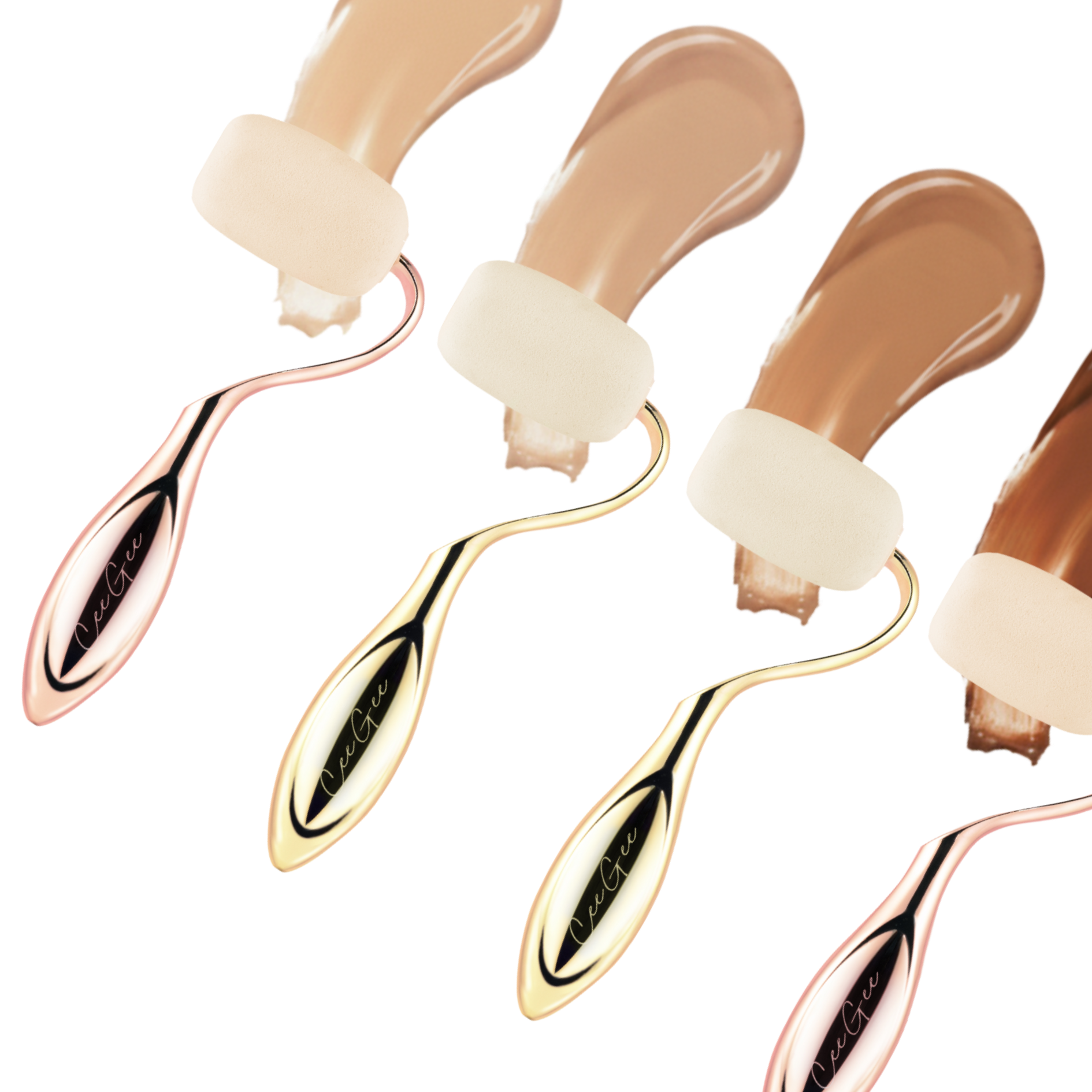 Rolli Sponges with different shades of foundation on a white background