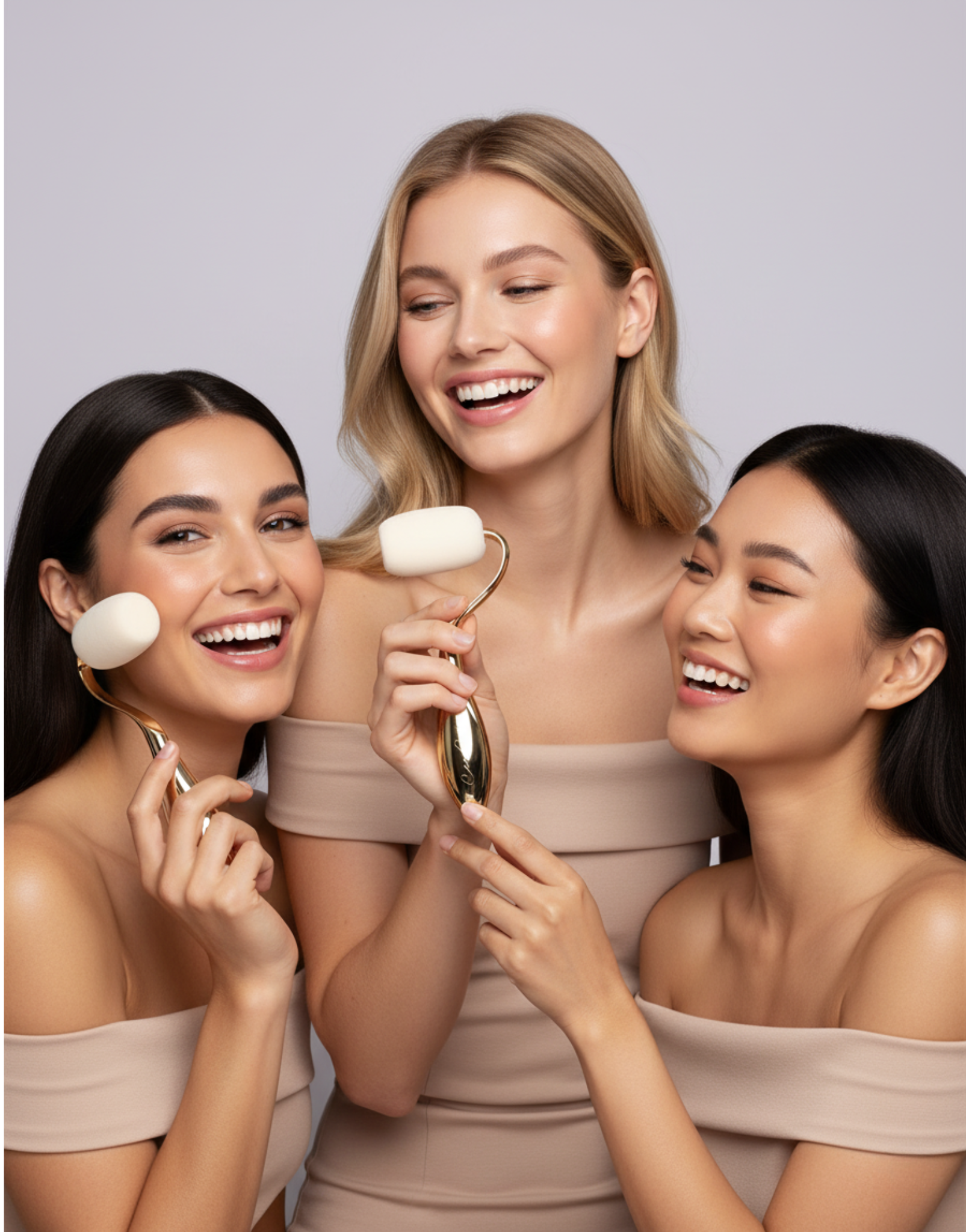 Three women using rolli sponges against a plain background