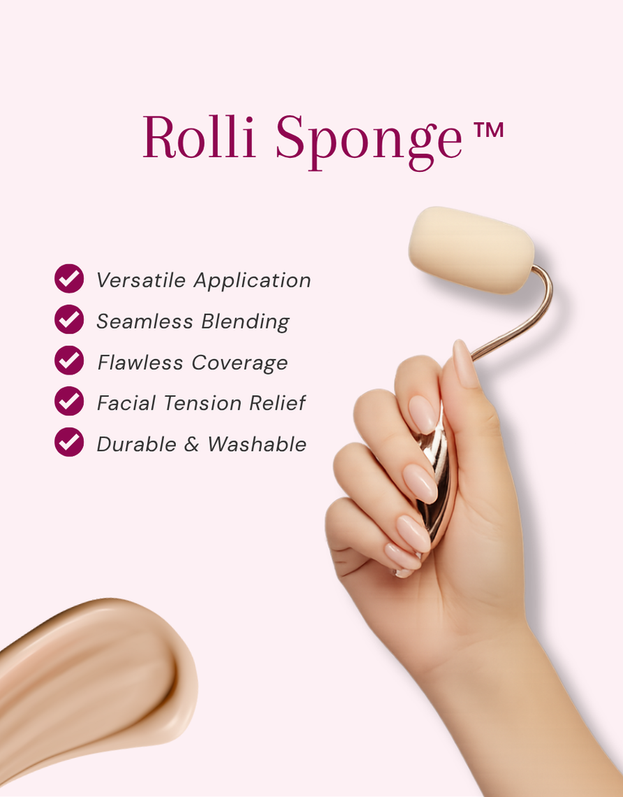 Rolli Sponge with hand holding it and product application on a white background