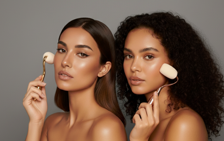 Two women using rolli sponges on a gray background